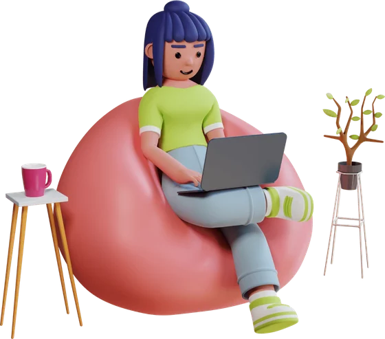 Illustration d'une investisseuse détendue sur un pouf avec son ordinateur
